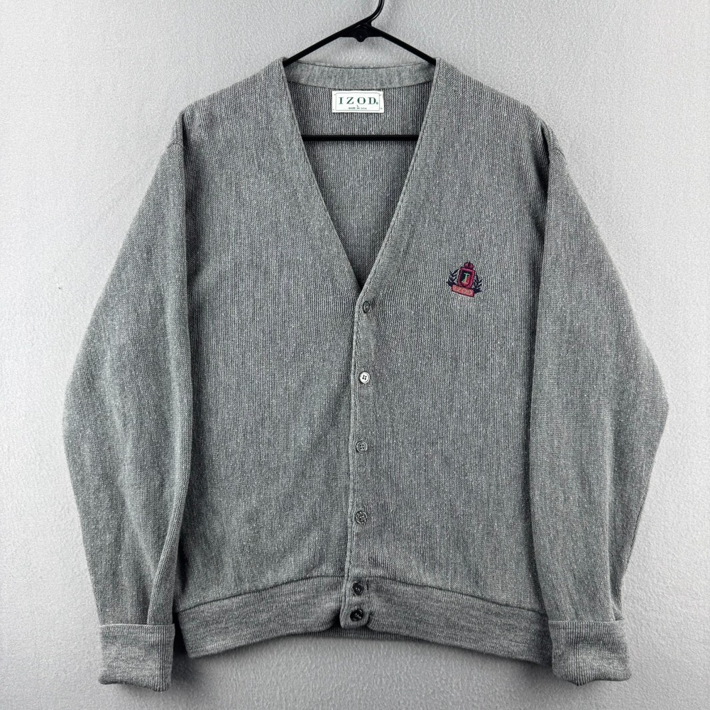 Vintage Izod Cardigan Sweater Mens Large Gray Acrylic Button Up 80s Made in USA